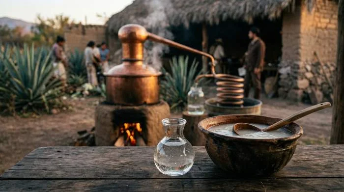 Distillazione dell’agave con alambicco nel Messico coloniale per produrre tequila