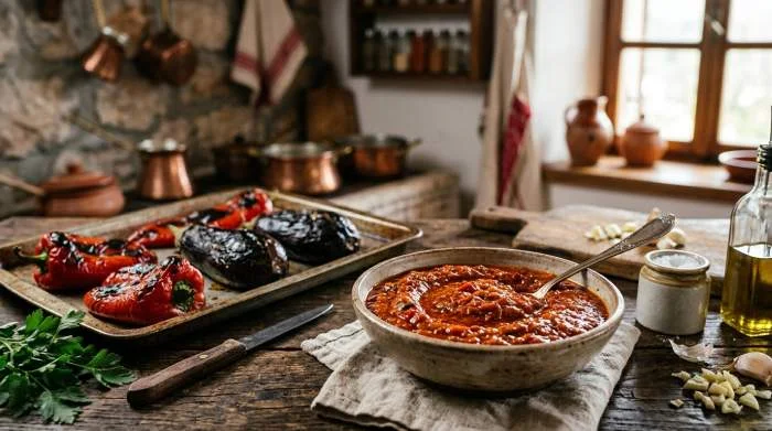 Ajvar bosniaco con melanzane accanto a varianti regionali come il pindjur