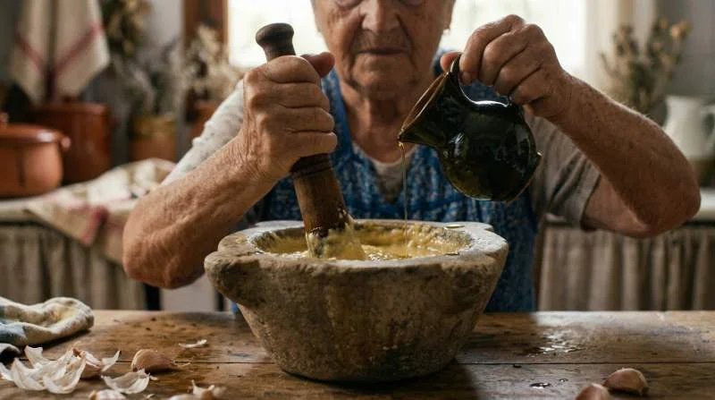 Preparazione tradizionale dell'allioli senza uovo pestando l'aglio nel mortaio e aggiungendo lentamente olio d'oliva