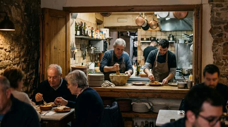 Allioli tradizionale senza uovo preparato al mortaio nella cucina di un ristorante catalano