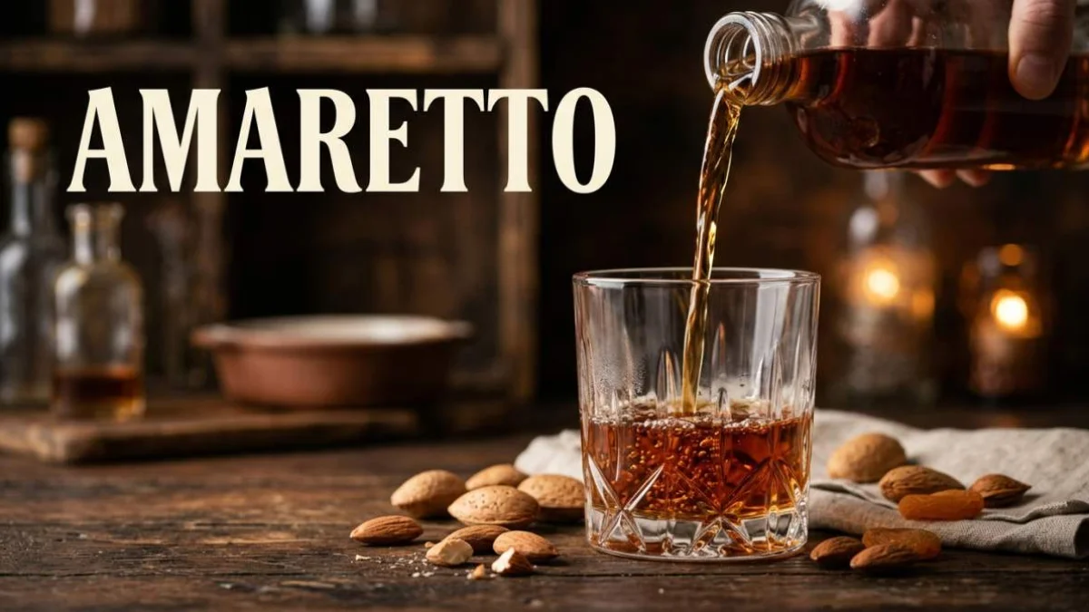 Amaretto dal colore ambrato versato in un bicchiere con mandorle sullo sfondo in un’atmosfera calda ed elegante