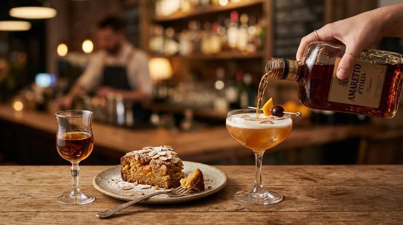 Bottiglia e bicchiere di amaretto accanto a mandorle e biscotti su un tagliere di legno
