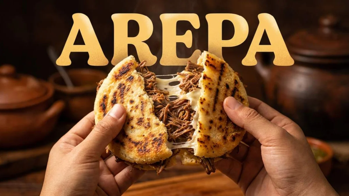 Arepa venezuelana farcita con carne e formaggio servita calda