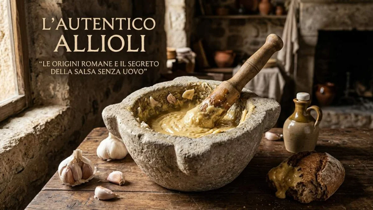 Allioli autentico senza uovo preparato nel mortaio con aglio e olio d'oliva secondo la tradizione mediterranea