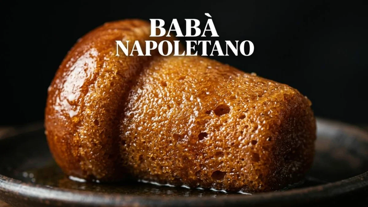 Babà napoletano imbevuto di sciroppo con consistenza soffice e superficie lucida in primo piano