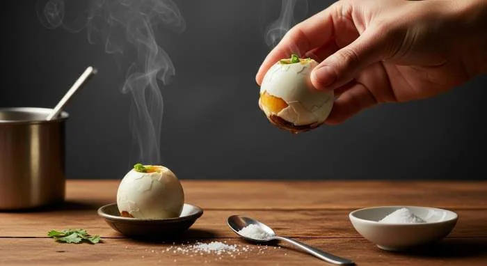 Balut aperto pronto da mangiare accompagnato da sale e aceto