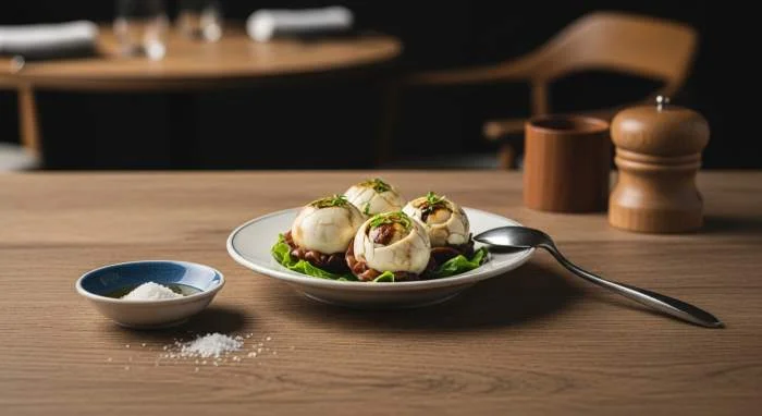 Balut servito in un ristorante asiatico con condimenti tradizionali