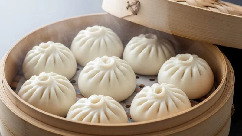 Baozi al vapore su un piatto di bambù, simbolo di prosperità e protezione nella cultura cinese