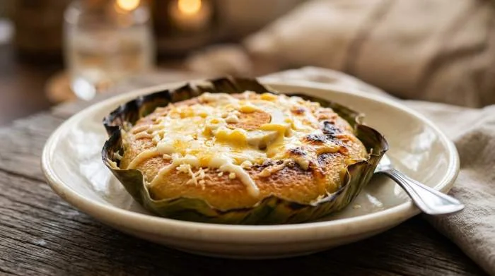 Bibingka cocco soffice servita in foglie di banana con formaggio e tuorlo d'anatra