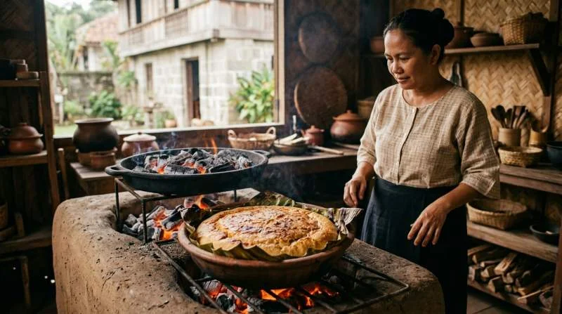 Bibingka filippina cotta tradizionalmente in foglie di banana con carboni ardenti sopra e sotto il recipiente