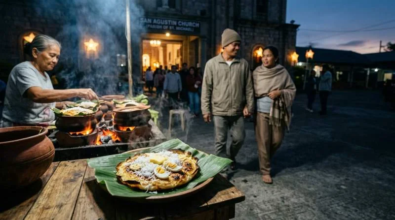Bibingka filippina calda servita all'alba fuori da una chiesa dopo la tradizionale messa di Simbang Gabi