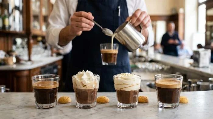 Varianti di bicerin con crema e cioccolata preparate da baristi torinesi