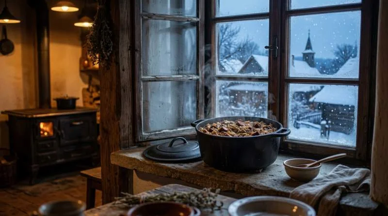 Pentola di Bigos lasciata raffreddare al freddo invernale prima del successivo ciclo di riscaldamento