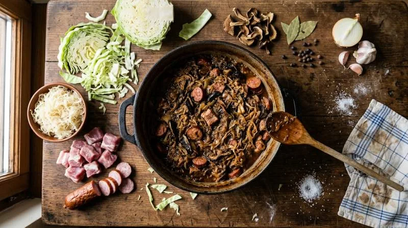 Pentola di Bigos circondata da cavolo crauti carne salsiccia e funghi che compongono lo stufato tradizionale polacco