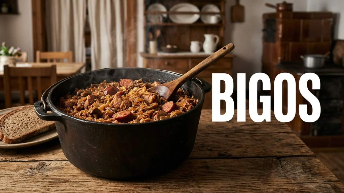 Bigos tradizionale polacco con crauti cavolo carne salsiccia affumicata e funghi servito in una pentola di ghisa