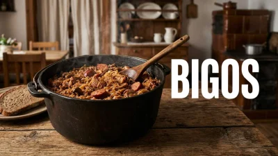 Bigos tradizionale polacco con crauti cavolo carne salsiccia affumicata e funghi servito in una pentola di ghisa