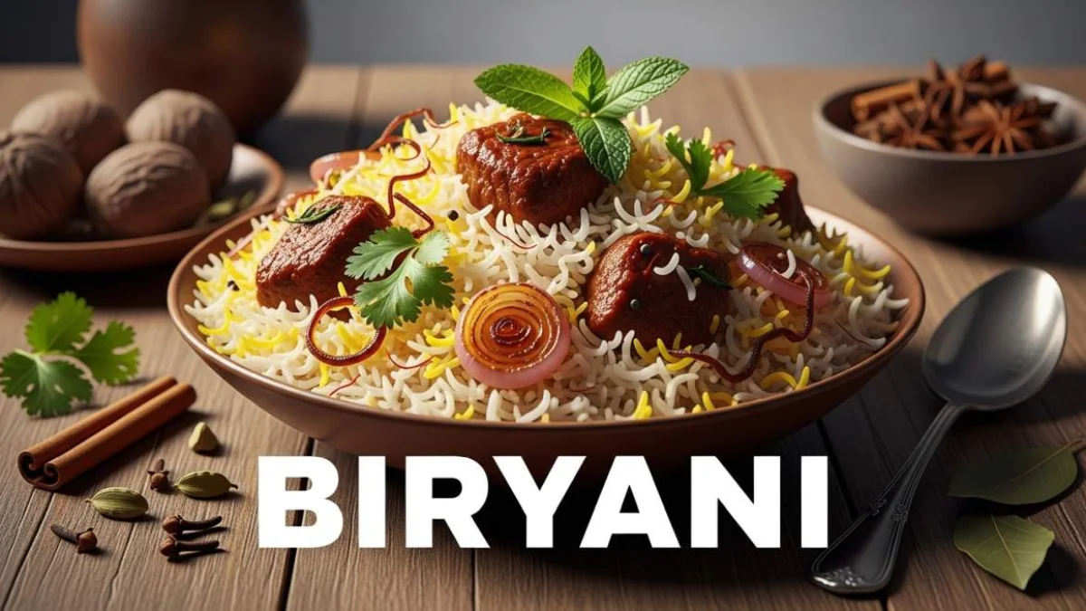 Biryani aromatico con riso basmati, carne e spezie servito in un piatto tradizionale