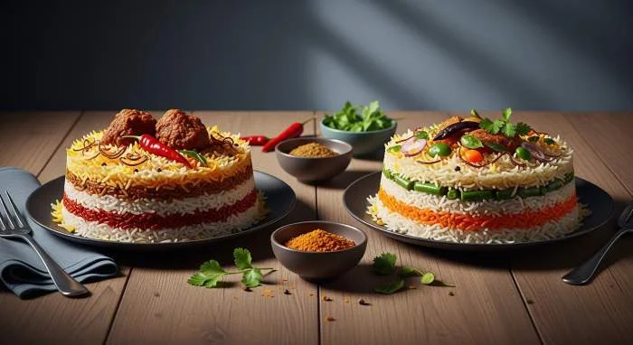 Biryani tradizionale accanto a una variante vegetariana colorata