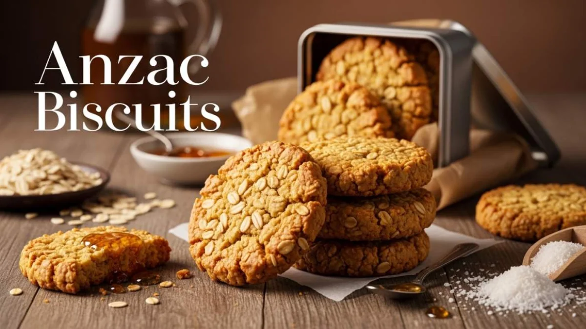 Biscotti Anzac con avena e cocco disposti su una superficie rustica