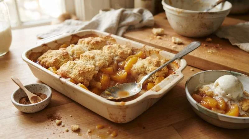 Dessert al forno con biscotti ammorbiditi dal succo delle pesche, servito con cannella e gelato alla vaniglia