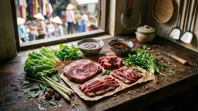 Ingredienti del Bò Bảy Món: tagli di manzo, lattuga, menta, coriandolo, citronella, anice stellato e salse vietnamite