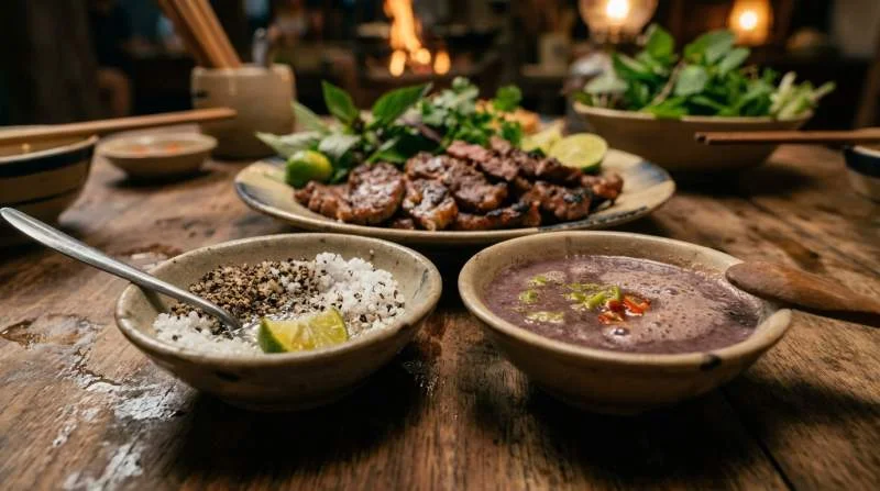 Salse vietnamite muối tiêu chanh e mắm tôm servite con manzo grigliato del Bò Bảy Món