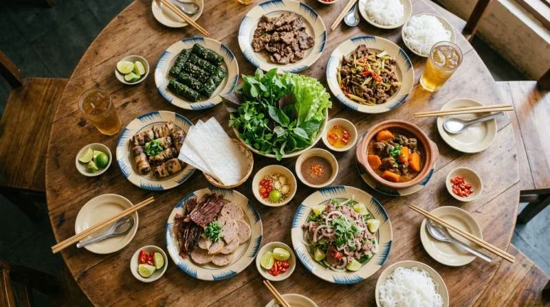 Sette diverse preparazioni di manzo del Bò Bảy Món disposte su una tavola vietnamita con erbe fresche e carta di riso