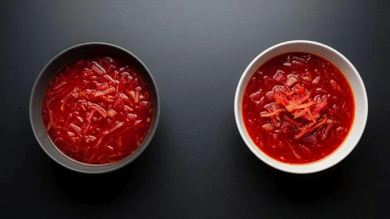 Borscht servito in ciotola di ceramica con panna acida e aneto