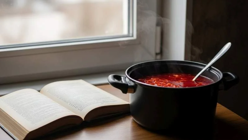 Borscht ucraino in pentola di ghisa sul fuoco a legna, simbolo di casa e tradizione
