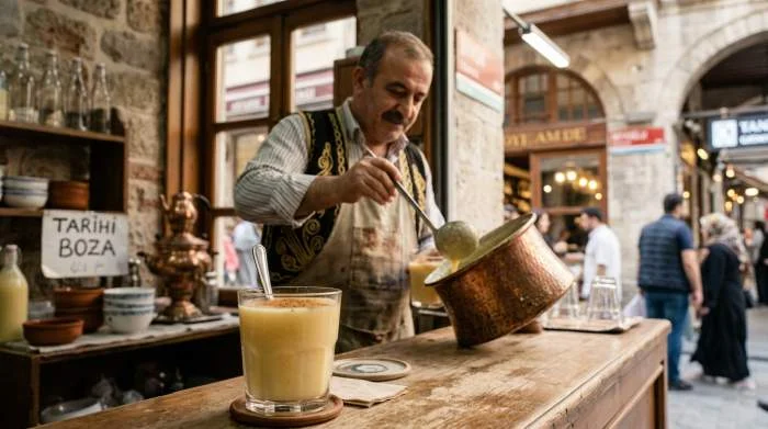 Boza servita in tazza con cannella e ceci tostati, bevanda tradizionale invernale