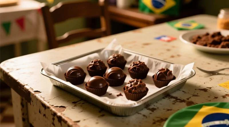 Brigadeiro disposto su un piatto con granelli di cioccolato