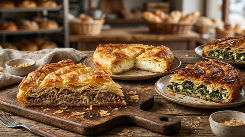 Burek balcanico in diverse varianti con ripieno di formaggio spinaci e porri e sfoglia dorata croccante
