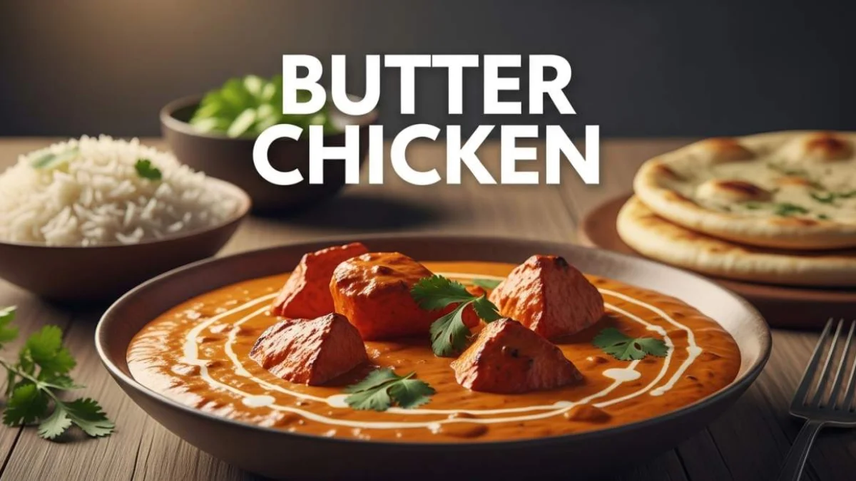 Butter chicken cremoso con pezzi di pollo immersi in salsa speziata e panna