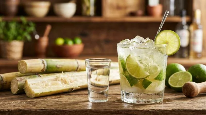 Cachaça brasiliana con canna da zucchero fresca e Caipirinha al lime servita con ghiaccio