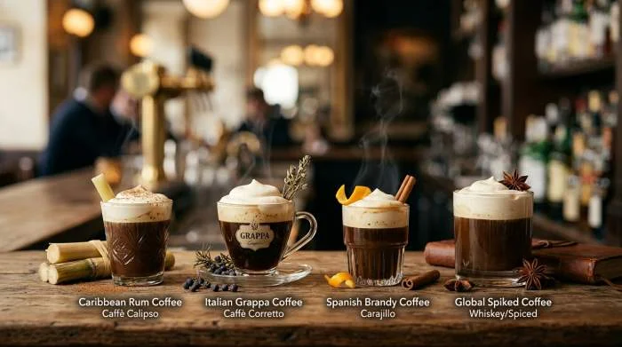Tre bicchieri di caffè alcolico con rum, grappa e brandy a confronto