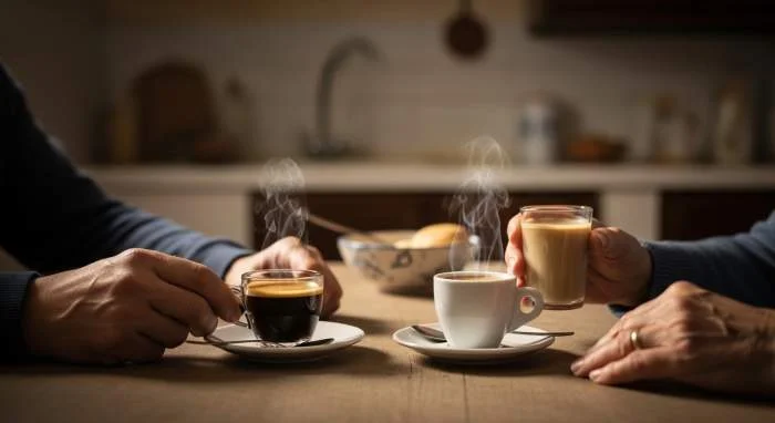 Famiglia italiana del dopoguerra sorseggia tazze di caffè d’orzo