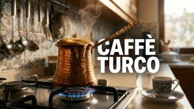 Caffè turco autentico preparato in un cezve di rame sul fornello di una cucina di casa