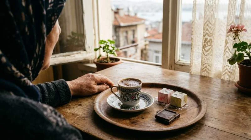 Caffè turco accompagnato da lokum alla rosa e cardamomo e un pezzo di cioccolato fondente