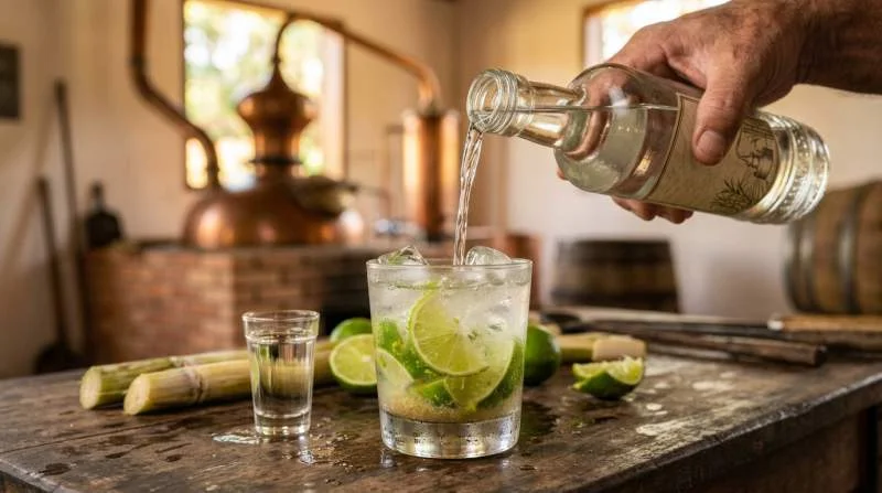 Caipirinha tradizionale con lime e cachaça artigianale davanti a un alambicco di rame brasiliano