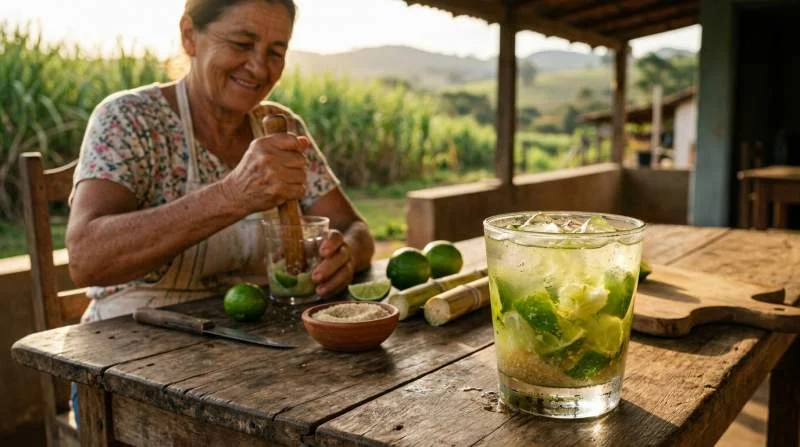 Caipirinha tradizionale con lime e cachaça preparata in un ambiente rurale brasiliano legato alle sue origini popolari
