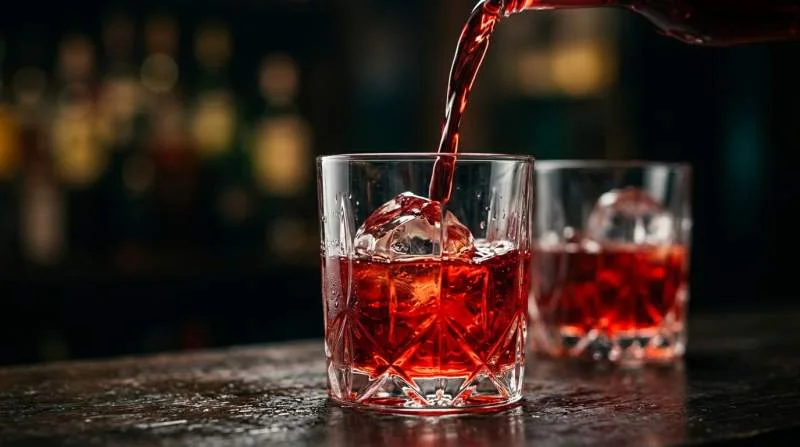 Campari rosso intenso illuminato in un bicchiere con riflessi luminosi che evidenziano il colore misterioso