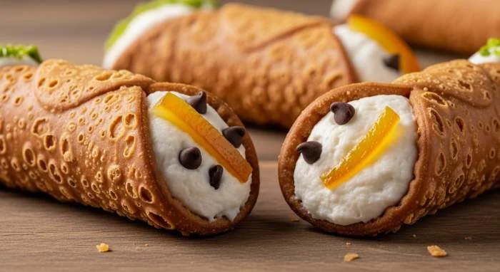 Cannolo siciliano con cialda dorata e ripieno cremoso di ricotta