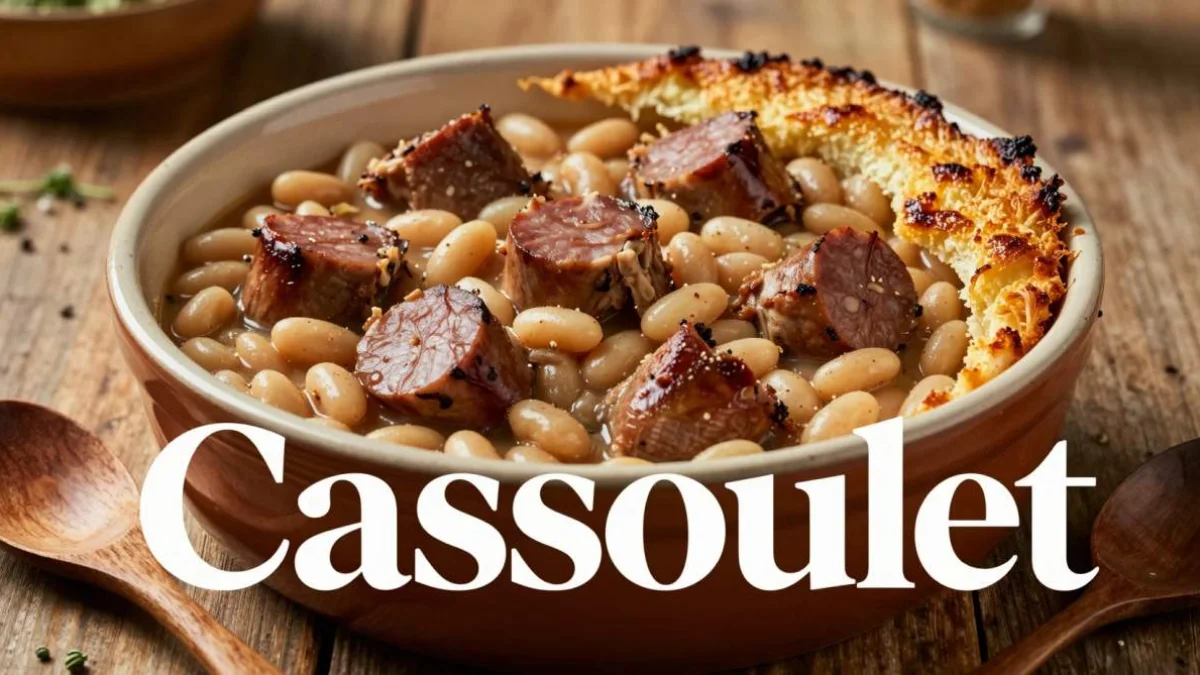 Cassoulet francese con fagioli, salsiccia e anatra cotto lentamente