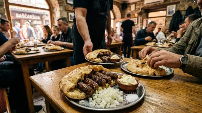 Ćevapi di Sarajevo serviti con pane, cipolla e rituale balcanico tradizionale
