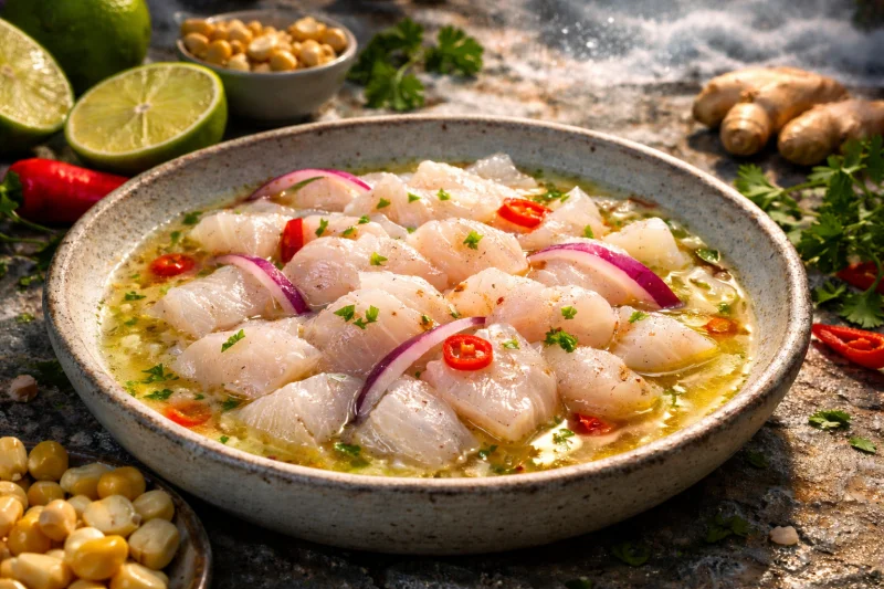 Ceviche fresco con lime, mais e pesce marinato servito in stile peruviano