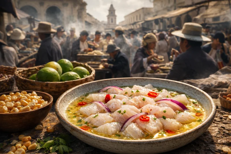 Ceviche peruviano preparato in un mercato storico di Lima