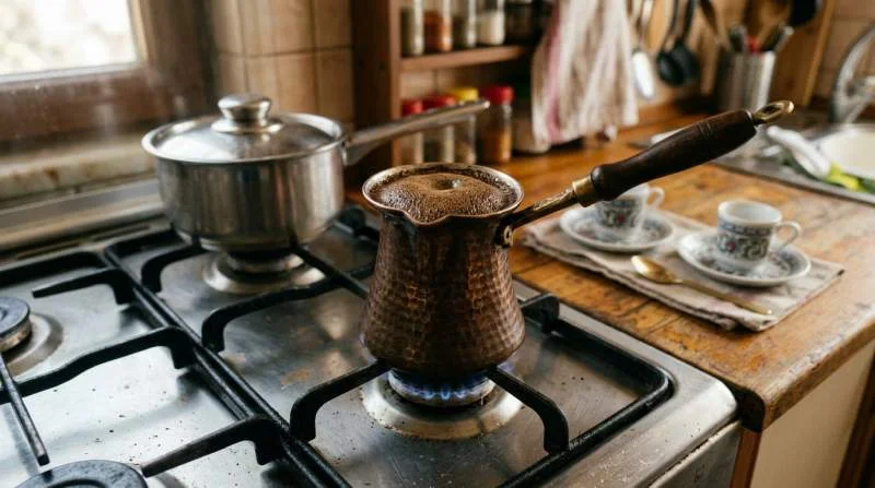 Cezve di rame sul fornello utilizzato per preparare il caffè turco con una schiuma densa e uniforme