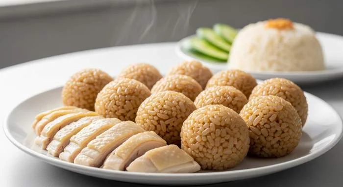Chicken rice balls tradizionali della Malesia serviti in stile hainanese
