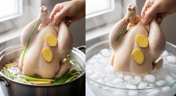 Chicken rice preparato con tecnica di contrasto termico tipica di Singapore