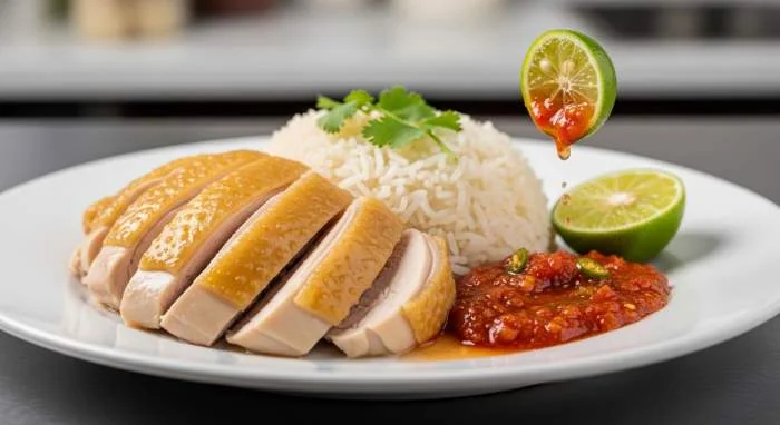 Chicken rice servito con salsa al peperoncino tipica del Sud-est asiatico